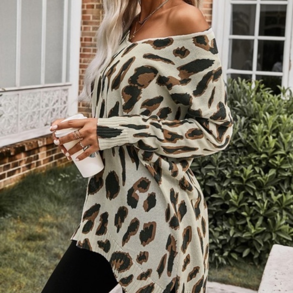 V Neck fall Leopard print Knit Tunic Sweater tan - Picture 2 of 5